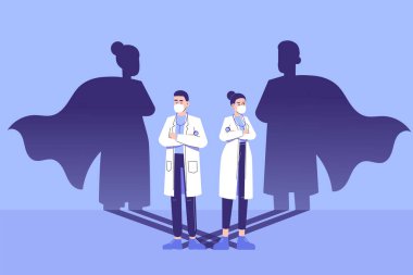 Güvenle ayakta duran doktorlar ve duvarın arkasında süper kahraman gölgesi beliriyor. Koronavirüs salgınına karşı savaşıyorum. Salgın hastalık. Hayat kurtarıcı tıbbi konsept. Çok güçlü. Cesaret. Cesur. Vektör illüstrasyonu