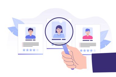 Konsept arıyoruz. Mükemmel bir aday için büyük bir büyüteç. İş alımı. Çevrimiçi eleman alma ve kelle avcılığı ajansı konsepti. Görüşme. Çalışanları işe almak. Web afişi. Vektör illüstrasyonu