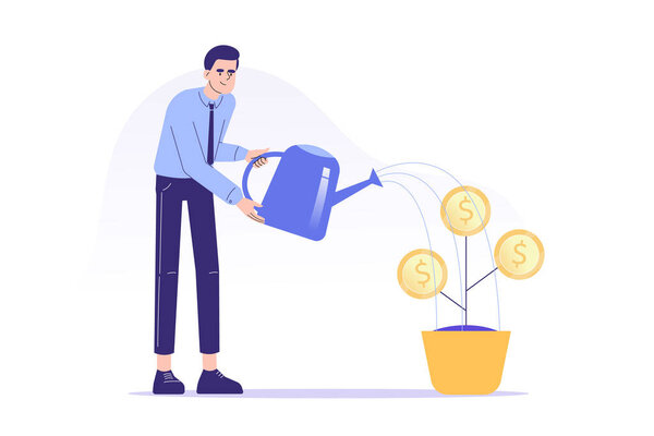 Business investment concept. Young business man watering a growing tree with coins. Money growth metaphor. Start up and growth of successful business. Financial management. Vector illustration