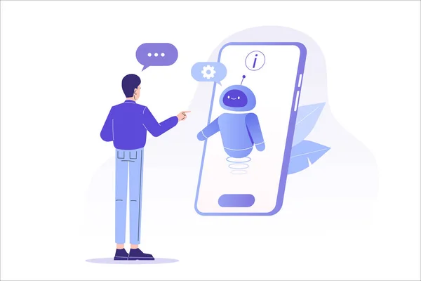 Chatbot Ai和客户服务的概念 年轻人在一个大的智能手机屏幕上与聊天机器人交谈 聊天机器人虚拟助手通过消息 客户支持 矢量孤立的说明 — 图库矢量图片
