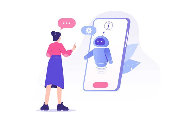 Chatbot Концепция Обслуживания Клиентов Молодая Женщина Разговаривает Чатботом Большом Экране — стоковый вектор