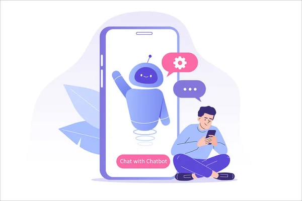 Chatbot ai ve müşteri hizmetleri kavramı. Akıllı telefon ekranında sohbet robotuyla konuşan genç bir adam. Mesajla sanal asistanla sohbet et. Müşteri desteği. Yardım ediyorum. Vektör izole illüstrasyonu