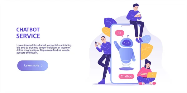 Chatbot müşteri destek konsepti. İnsanlar akıllı telefon uygulamasında sohbet robotu ile konuşuyor. Chatbot geliştirme platformu. İniş sayfası şablonu. Web afişi. Modern izole vektör çizimi