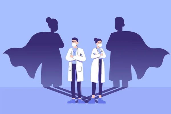 Güvenle ayakta duran doktorlar ve duvarın arkasında süper kahraman gölgesi beliriyor. Koronavirüs salgınına karşı savaşıyorum. Salgın hastalık. Hayat kurtarıcı tıbbi konsept. Çok güçlü. Cesaret. Cesur. Vektör illüstrasyonu