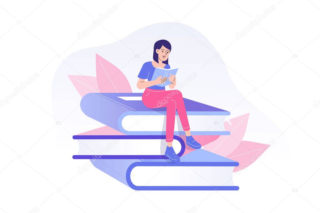 Young woman or girl reading a book sitting on huge books. Studying or preparing for examinations. Literature fans or lovers concept. Book festival, fair or students education. Vector illustration