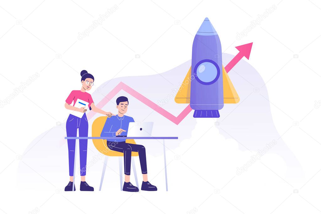 Startup launch of a new business project. Team leader pointing to laptop. Start up venture. Start up launch. Development process of a new business. Entrepreneurship. Isolated vector illustration