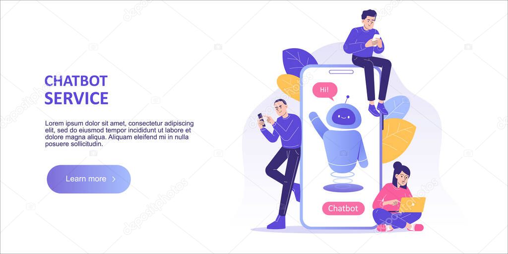Chatbot customer service support concept. People talking with chatbot robot in smartphone app. Chatbot development platform. Landing page template. Web banner. Modern isolated vector illustration