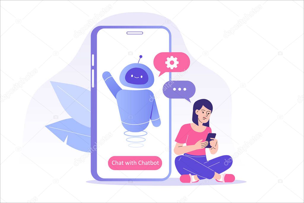 Chatbot ai and customer service concept. Young woman talking with chatbot in a big smartphone screen. Chat bot virtual assistant via messaging. Customer support. Helping. Vector isolated illustration