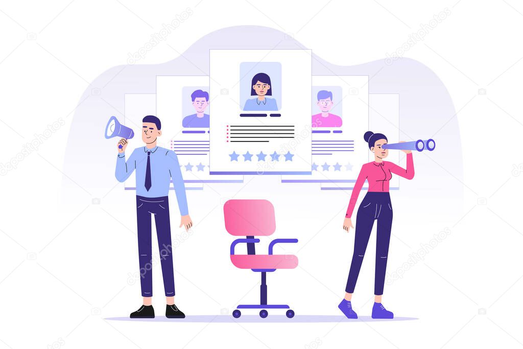 We are hiring concept. Young HR man shout out with megaphone and woman looking for perfect candidate with binoculars. Job hiring. Online recruitment and headhunting agency concept. Vector illustration