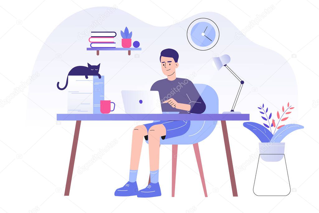 Young man or freelancer sitting on her a desk with cat and working online with a laptop at home illustration. Social distancing and self-isolation during corona virus quarantine. Vector illustration
