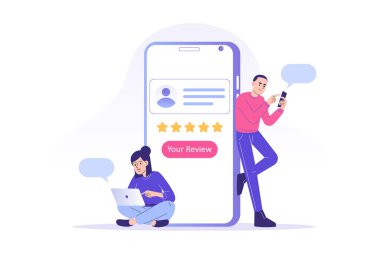 Müşteri değerlendirmesi ya da geri bildirim konsepti. Gençler beş yıldızlı geri bildirim yapıyor ve akıllı telefon uygulamasında tatmin olma oranını seçiyorlar. Müşteri hizmetleri ve kullanıcı deneyimi derecelendiriliyor. Vektör illüstrasyonu