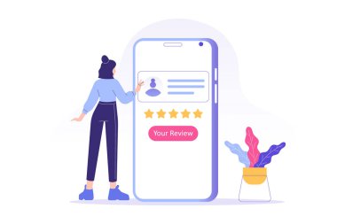 Müşteri değerlendirmesi ya da geri bildirim konsepti. Genç bir kadın beş yıldızlı geri bildirim yapıyor ve akıllı telefon uygulamasında tatmin olma oranını seçiyor. Müşteri hizmetleri ve kullanıcı deneyimi derecelendiriliyor. Vektör illüstrasyonu