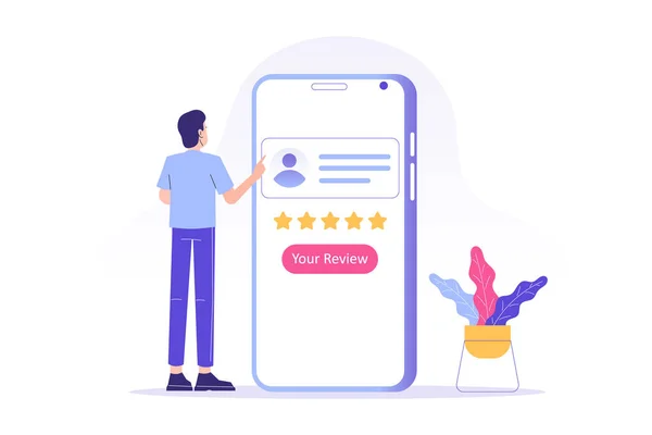 Kundrecension Eller Feedback Koncept Ung Man Som Ger Fem Stjärnor — Stock vektor