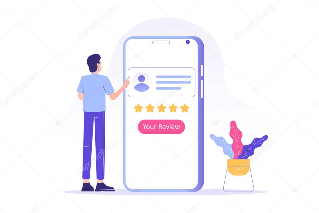 Customer review or feedback concept. Young man giving five star feedback and choosing satisfaction rating on smartphone app. Rating on customer service and user experience. Vector illustration