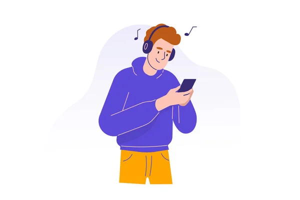 Mladý Muž Používající Smartphone Komunikaci Šťastný Dospívající Chlapec Nosí Sluchátka — Stockový vektor
