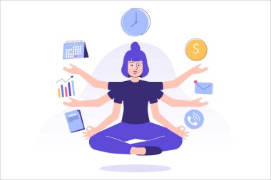 Çoklu görev ve zaman yönetimi kavramı. Genç serbest çalışan kadın ya da işletme müdürü meditasyon yapıyor ya da farkındalık yapıyor, birçok elle etkili bir çoklu görev yapıyor. Düz vektör illüstrasyonu