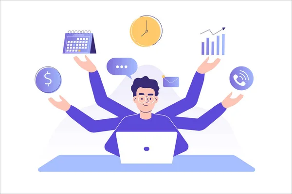 Concepto Multitarea Gestión Del Tiempo Joven Freelancer Hombre Gerente Negocios — Vector de stock