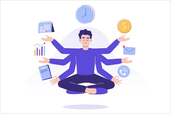 Çoklu görev ve zaman yönetimi kavramı. Genç serbest çalışan adam ya da işletme yöneticisi meditasyon yapıyor ya da farkındalık yapıyor, birçok elle etkili bir çoklu görev yapıyor. Düz vektör illüstrasyonu