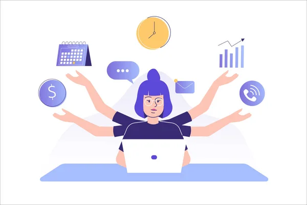 Concepto Multitarea Gestión Del Tiempo Joven Freelancer Mujer Gerente Negocios — Vector de stock