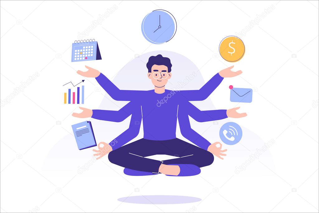 Multitasking and time management concept. Young freelancer man or business manager doing meditation or practicing mindfulness, doing effective multitasking with many hands. Flat vector illustration