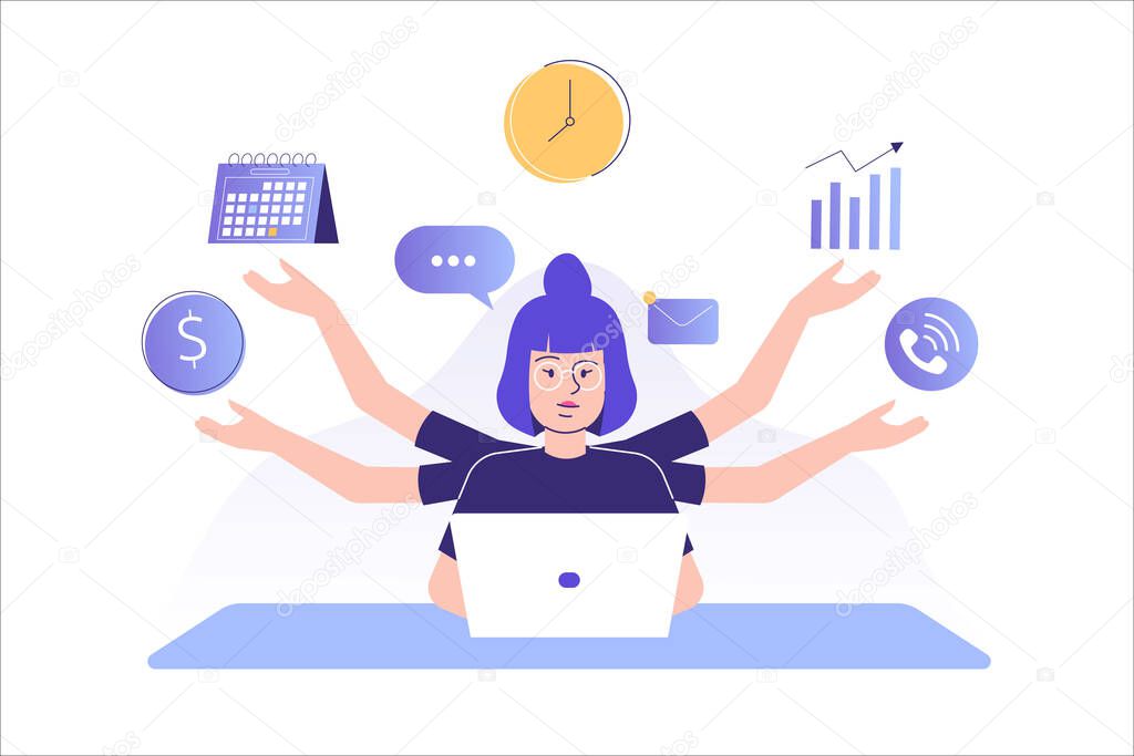 Multitasking and time management concept. Young freelancer woman or business manager working at office. Office worker doing professional multitasking. Multitasking skill. Isolated vector illustration