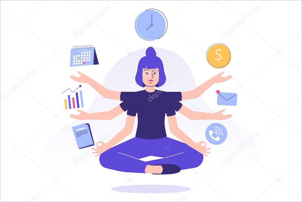 Multitasking and time management concept. Young freelancer woman or business manager doing meditation or practicing mindfulness, doing effective multitasking with many hands. Flat vector illustration