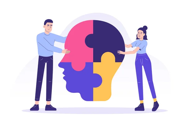 Support mental health medical treatment concept. Young psychologist people connecting colorful jigsaw puzzle pieces of a big head together. Modern isolated vector illustration for social media post