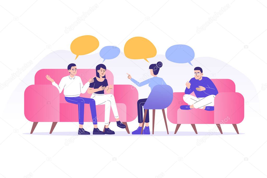 Support mental health medical treatment concept. Young people counseling with psychologist in psychotherapy session. Group therapy. Psychological counseling services. Isolated vector illustration