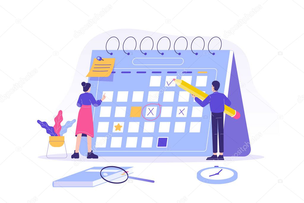 People planning schedule and calendar concept. Entrepreneurship, marketing and calendar schedule planning. Business meeting and events organizing. Isolated modern vector illustration