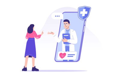 Online doktor konsepti. Profesyonel erkek doktor, hastasına akıllı telefondan tavsiye veriyor. Teletıp ve online sağlık hizmeti. Doktora görüntülü arama. Sağlığınıza. Modern izole vektör çizimi 