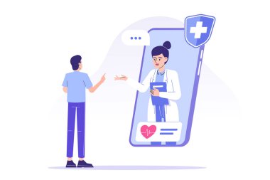 Online doktor konsepti. Profesyonel kadın doktor, hastasına akıllı telefondan tavsiye veriyor. Teletıp ve online sağlık hizmeti. Sağlığınıza. Doktora görüntülü arama. Modern izole vektör çizimi