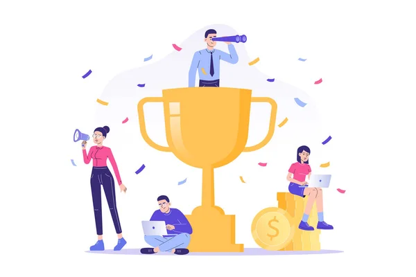 Team success concept. Team leader and co workers celebrating victory. Success business and teamwork. Symbol of successful team collaboration, cooperation and partnership. Isolated vector illustration