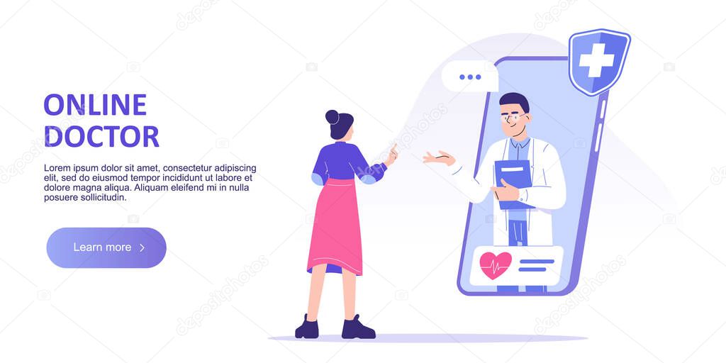 Online doctor concept. Professional female doctor giving advice to patient through smartphone. Telemedicine and online healthcare. Video call to doctor. Web banner. Isolated vector illustration