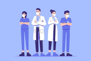 Doktorlar hayat kurtarma konsepti. Doktorlar, hemşireler ve tıbbi personel koronavirüsle savaşmak ve hayat kurtarmak için. Hayat kurtaranlar ve kahramanlar. Kendine güven. Modern izole düz vektör çizimi