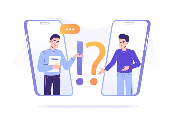 SSS ve Q & A konsepti. Kafası karışmış bir adam akıllı telefondan destek merkezi istiyor. Sık sık sorulan sorular. Ünlem ve soru işaretleri. Web afişi için izole vektör illüstrasyonu, poster, ui