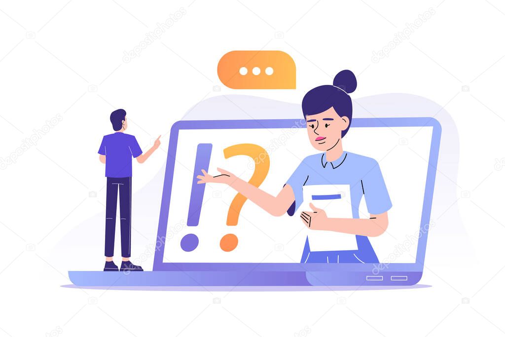 FAQ and Q&A concept. Confused man standing on big laptop, asking questions. Online customer support center. Frequently asked questions. Isolated vector illustration for web banner, poster, ui, app