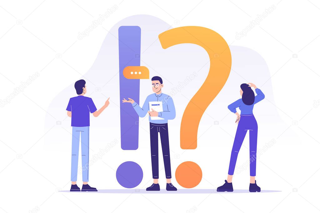 FAQ Frequently asked questions concept. Confused people standing near big exclamation and question marks, asking questions and receiving answers. Online customer support center. Vector illustration