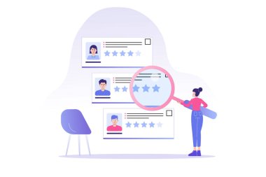 İK 'daki kadın büyüteçle iş adaylarını analiz ediyor ve seçiyor. Adam toplama, kelle avcılığı ve istihdam kavramı. İşe alım acentesi. Özgeçmiş başvurusu. Vektör web illüstrasyonu