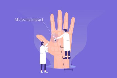 İnsan biyometrik mikroçipleme. Bilim adamları ya da uzmanlar büyük bir elin içine mikroçip yerleştiriyorlar. RFID (Radyo-Frekans Tanımlama) teknoloji kavramı. İzole vektör illüstrasyonu.