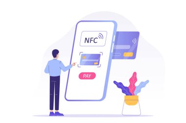 NFC kablosuz ödeme teknolojisi kavramı. Genç adam ödeme yapmak için NFC 'yi kullanıyor. Cep telefonuna ulaşılamıyor. Çevrimiçi işlem. Akıllı telefonlu internet bankacılığı. Vektör izole illüstrasyonu