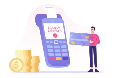 NFC temassız ödeme konsepti. Genç adam ödeme yapmak için banka kartını kullanıyor. POS terminali ödemeyi onaylıyor. Çevrimiçi işlem. İnternet bankacılığı. Kablosuz teknoloji. Vektör izole illüstrasyonu