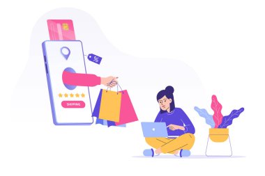 Çevrimiçi alışveriş ve nakliye hizmeti konsepti. Büyük bir akıllı telefondan alışveriş torbaları teslim etmek. Genç kız dizüstü bilgisayarla sipariş veriyor. Çevrimiçi ödeme. Satın almak. İzole hisse senedi vektör çizimi