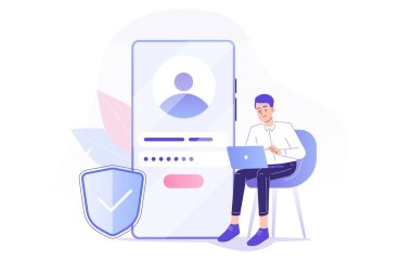 Çevrimiçi kayıt ve kayıt kavramı. Genç adam büyük bir akıllı telefondan online hesaba kaydoluyor ya da giriş yapıyor. Kullanıcı arayüzü. Güvenli giriş ve şifre. UI, mobil uygulama, web için vektör illüstrasyonu