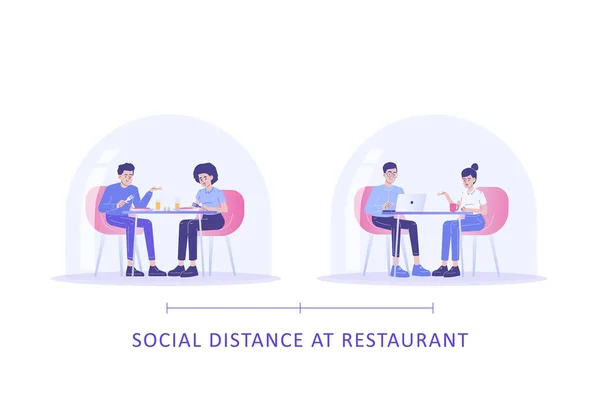 Distanciation Sociale Concept Restaurant Des Jeunes Assis Des Tables Séparées — Image vectorielle