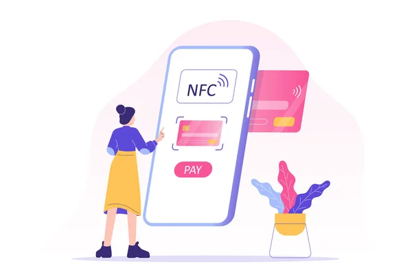 NFC kablosuz ödeme teknolojisi kavramı. Ödeme için NFC 'yi kullanan genç bir kadın. Cep telefonuna ulaşılamıyor. Çevrimiçi işlem. Akıllı telefonlu internet bankacılığı. Vektör izole illüstrasyonu