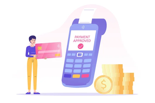 NFC temassız ödeme konsepti. Genç bayan ödeme yapmak için banka kartını kullanıyor. POS terminali ödemeyi onaylıyor. Çevrimiçi işlem. İnternet bankacılığı. Kablosuz teknoloji. Vektör izole illüstrasyonu