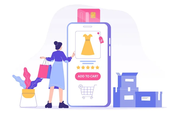 Çevrimiçi alışveriş hizmeti kavramı. Elinde renkli alışveriş torbaları tutan ve akıllı telefon uygulaması sipariş veren genç bir kadın müşteri. Çevrimiçi ödeme ile sipariş vermek. Satın almak. İzole vektör illüstrasyonu