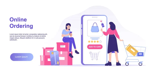 Nätköpskoncept Ung Kvinna Som Håller Kundvagn Beställning Med Stora Smartphone — Stock vektor