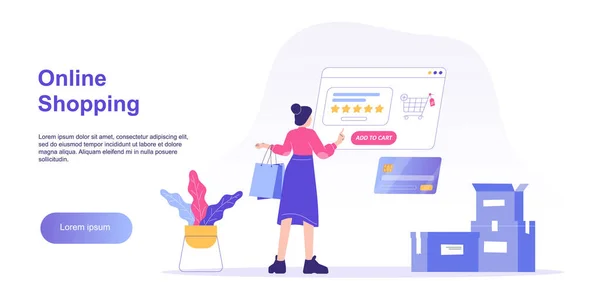 Nätköpskoncept Ung Kvinna Som Håller Färgglada Shoppingväskor Och Beställa Med — Stock vektor