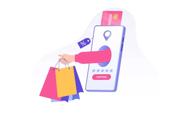 Çevrimiçi alışveriş ve nakliye hizmeti konsepti. El ele alışveriş torbaları ve büyük bir akıllı telefon ekranından teslimat. Çevrimiçi ödeme ile sipariş vermek. Satın almak. İzole hisse senedi vektör çizimi